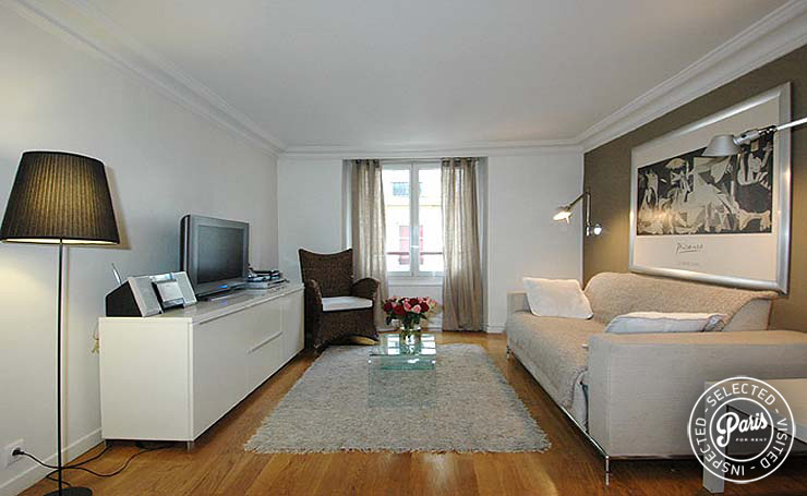 Sofa bed for two guests at Place Bourg, apartment for rent in Paris, Marais