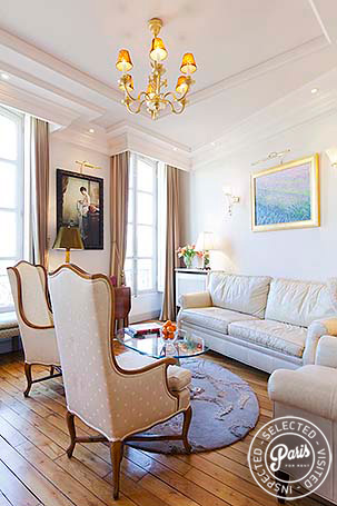 Louis XV armchairs in lounge at Notre Dame, Paris apartment rental, Latin Quarter