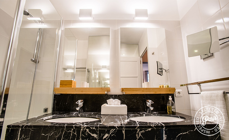 Double washbasin in bathroom at St Germain Charm, Paris apartment rental, Saint Germain