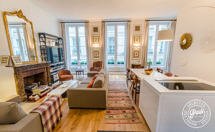 High windows in living area at St Germain Charm, Paris apartment rental, Saint Germain
