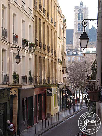 View of rue du Bourg-Tibourg from Bourg, Paris vacation rental, Marais