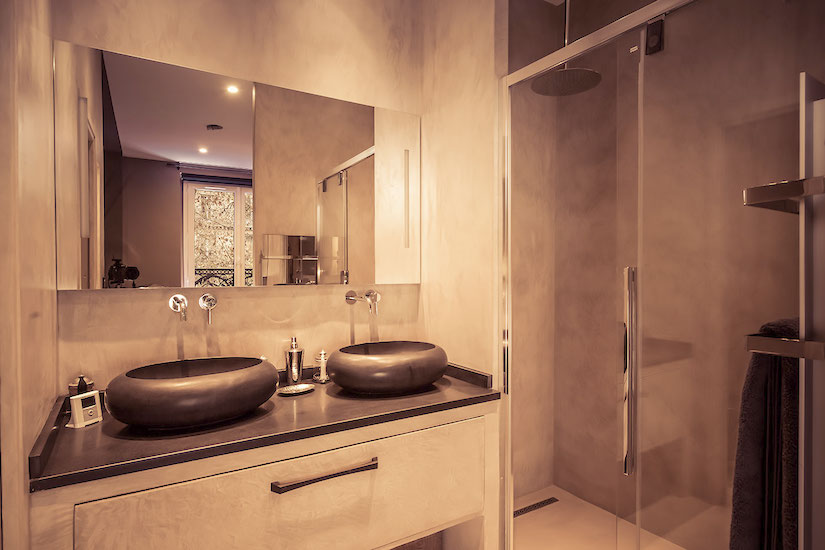 Modern dual washbasin at St Germain Chic, apartment rental in Paris, Saint Germain