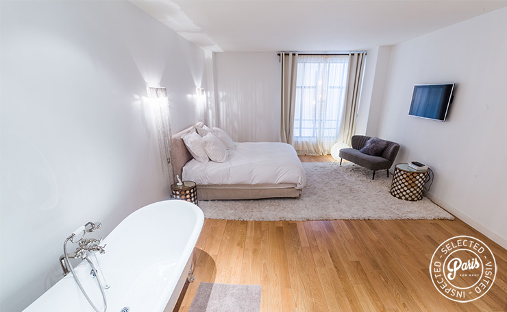 Bedroom with inner bathroom  at Latin Quarter Loft, Paris apartment rental, Latin Quarter