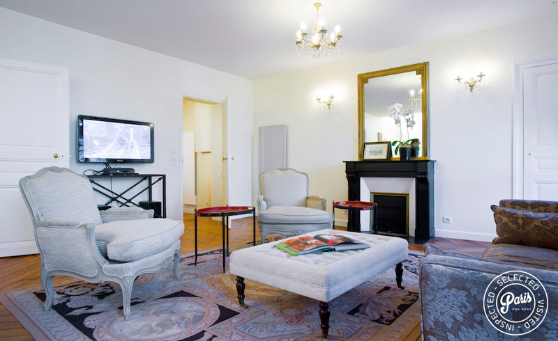 Lounge area with flat screen TV at St Germain Bonaparte, Paris apartment rental, Saint Germain